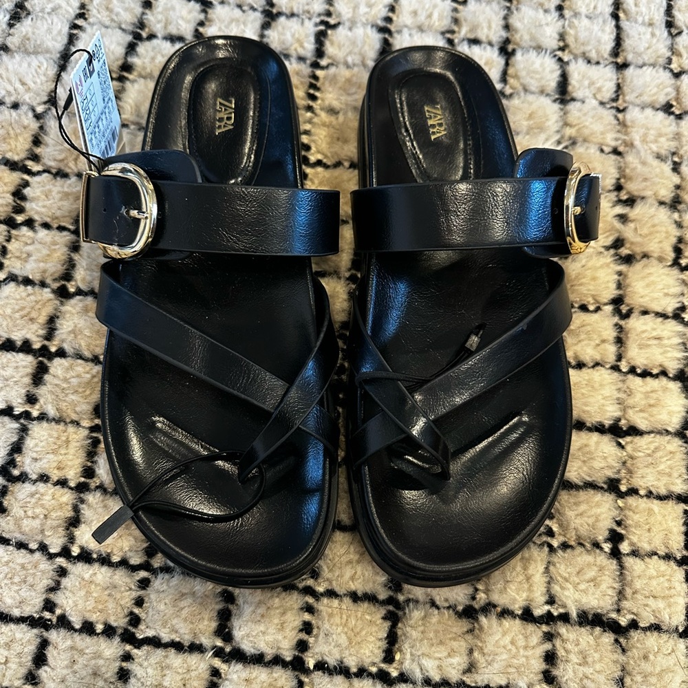 Zara Black Leather Buckle Sandals
